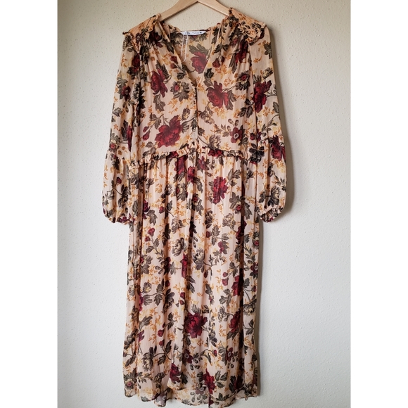 NEW Zara Floral Print Long Sleeve Midi Dress - Picture 5 of 12
